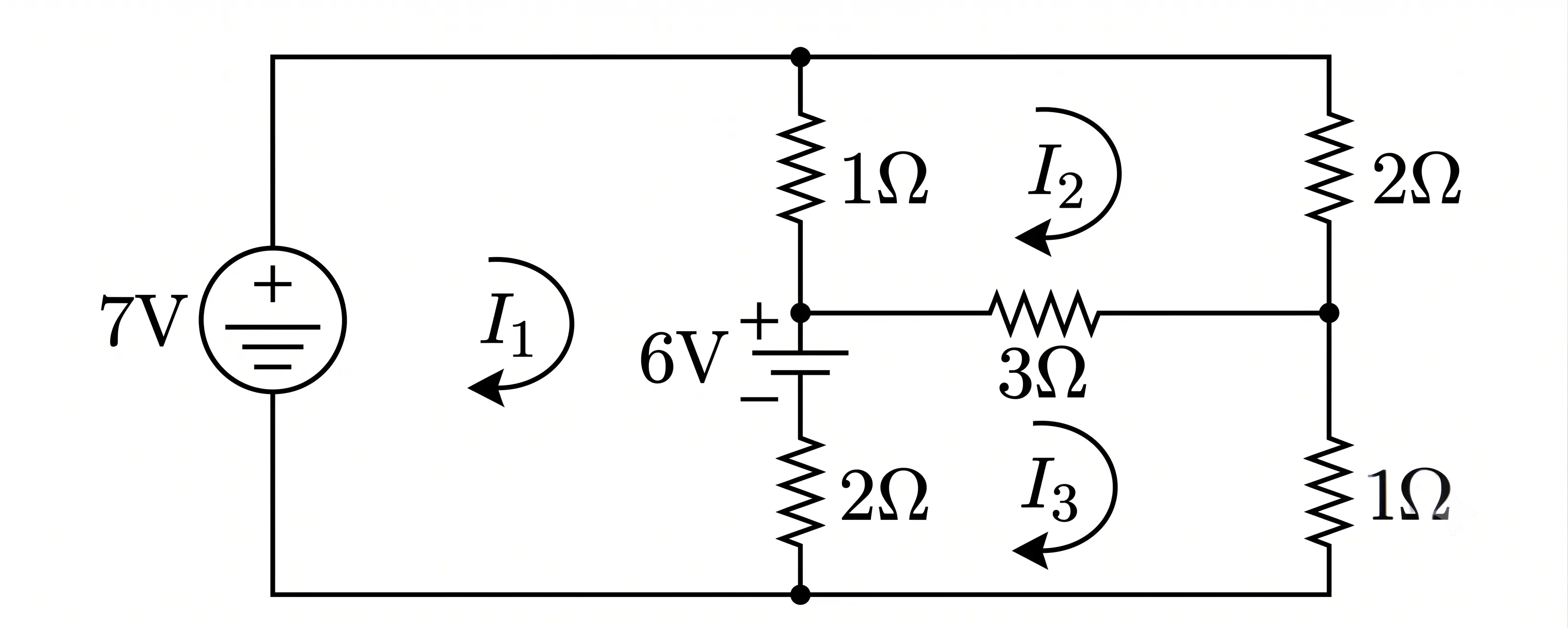 Electrical circuit for determining three mesh currents using mesh analysis.