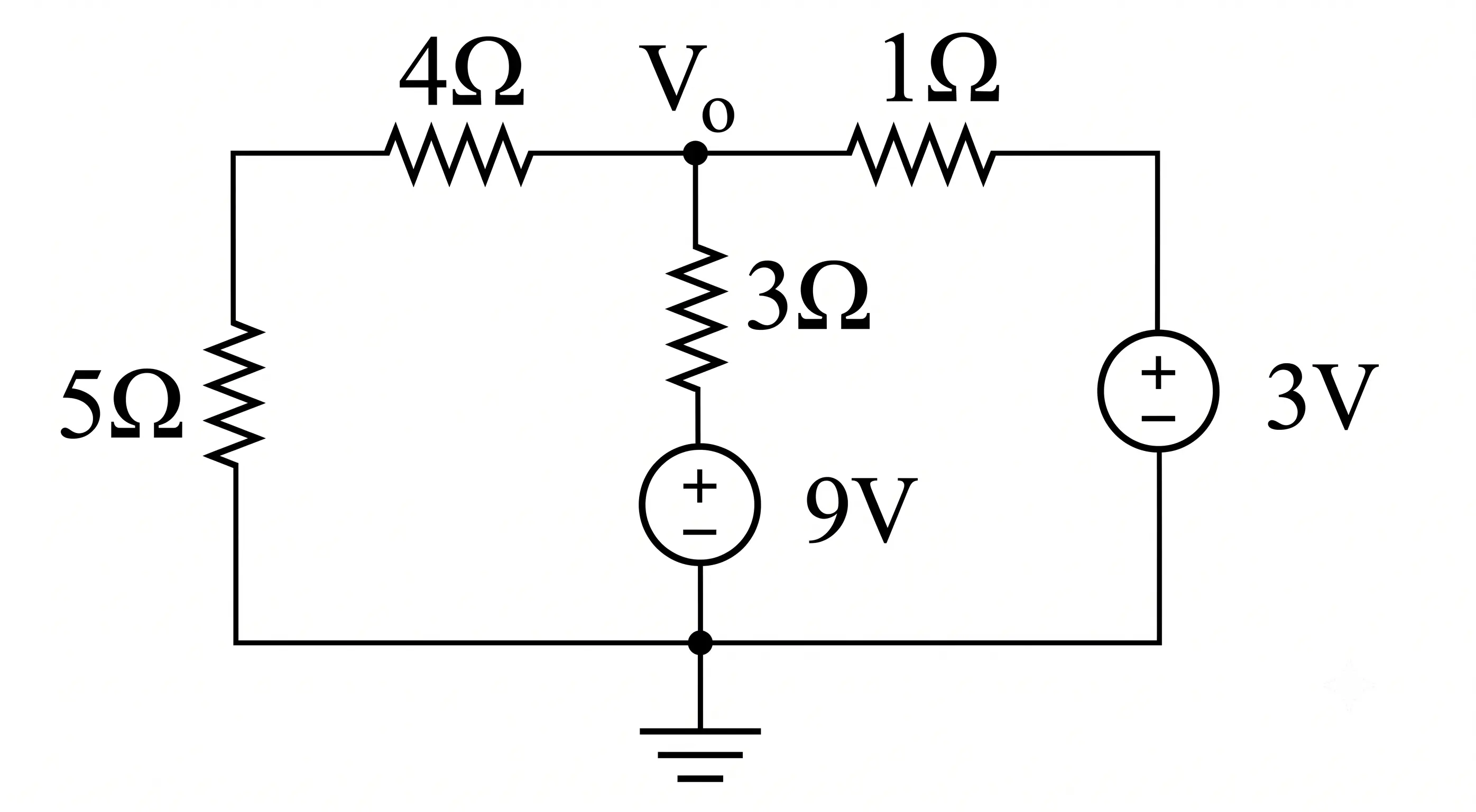 Electrical circuit for determining node voltage V0 using the superposition theorem.