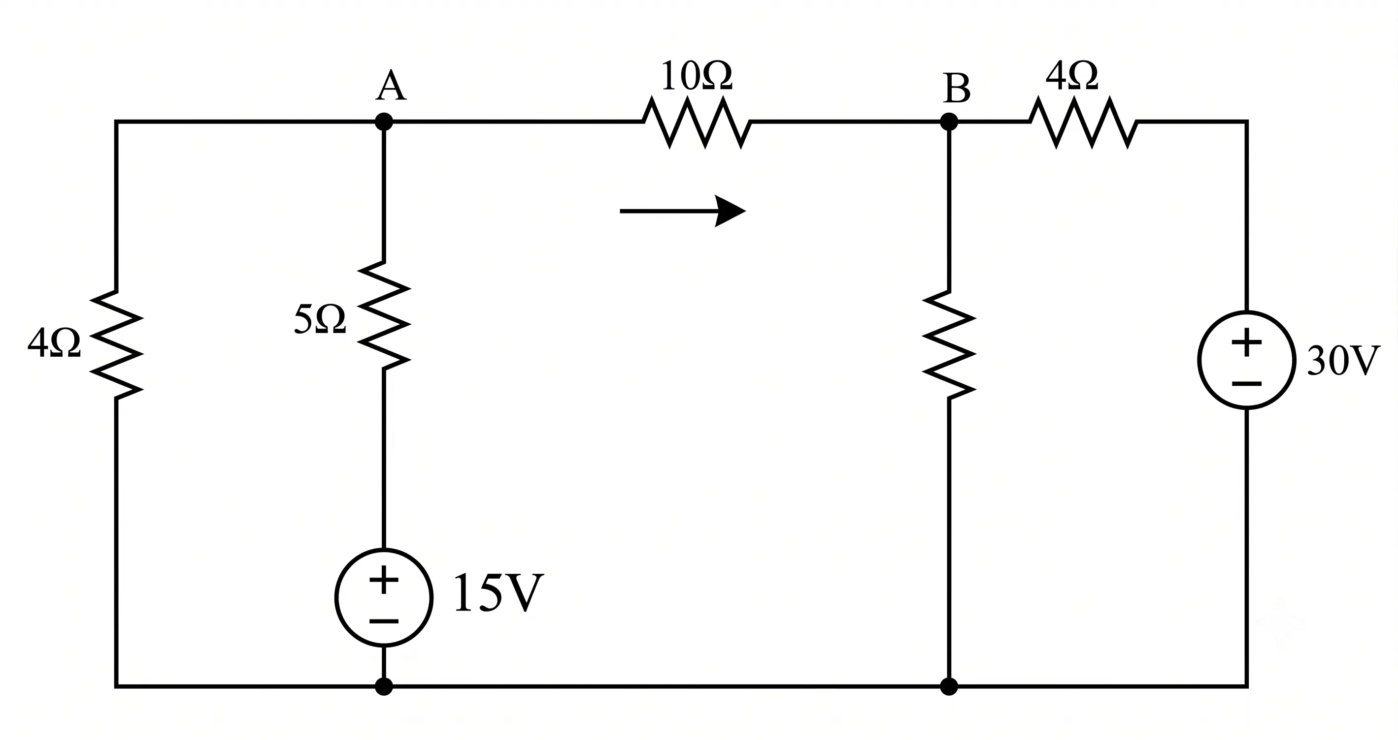 Electrical circuit for determining the current through the 10 Ω resistor using nodal analysis.