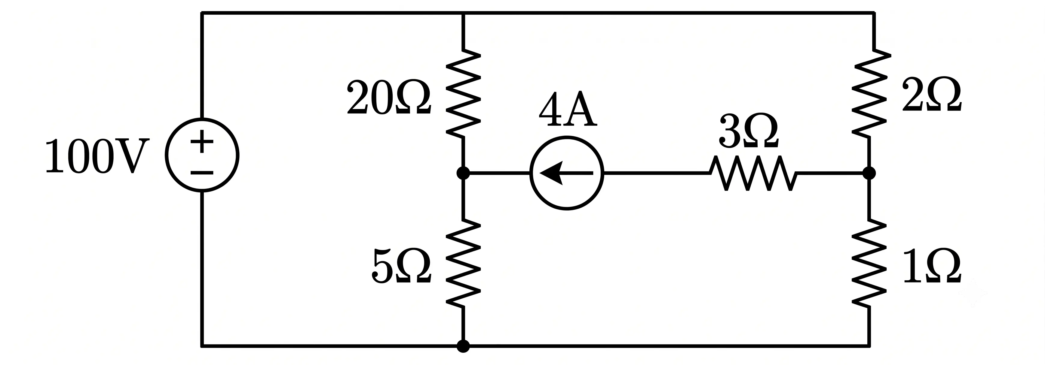Electrical circuit for determining the current through the 5 Ω resistor using mesh analysis.