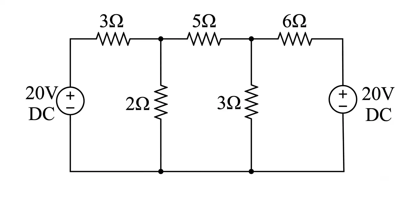 Electrical circuit containing two 20 V DC voltage sources and multiple resistors for determining the current through the 5 Ω resistor using mesh analysis.